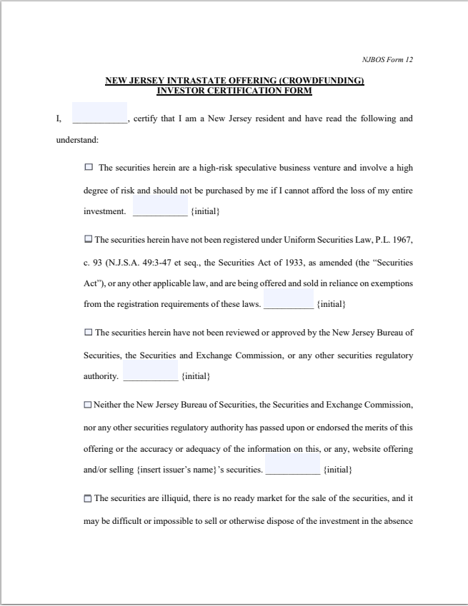 NJ- New Jersey Intrastate Crowdfunding Offering Investor Certification Form-12