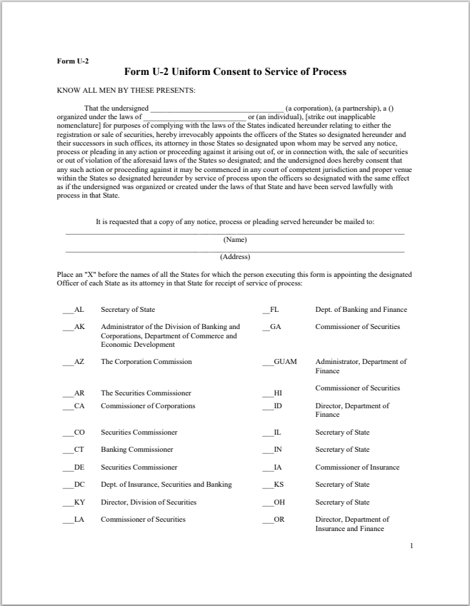 NJ- New Jersey Uniform Consent to Service of Process Form U-2