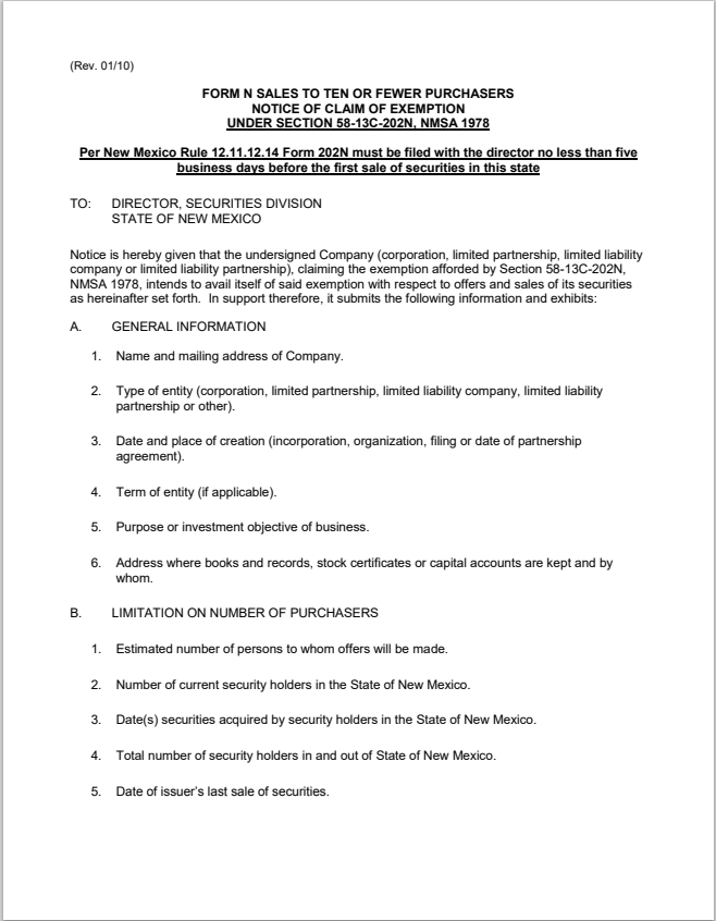 NM- New Mexico Sales to Ten or Fewer Purchasers Exemption Form-N