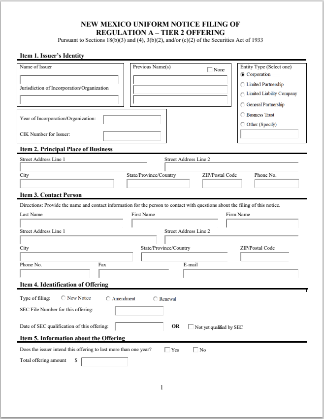 NM- New Mexico Uniform Notice of Filing of Regulation A – Tier 2 Offering Form