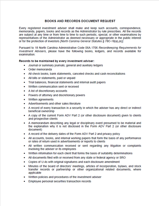 IA- North Carolina Investment Adviser Books and Records Document Request