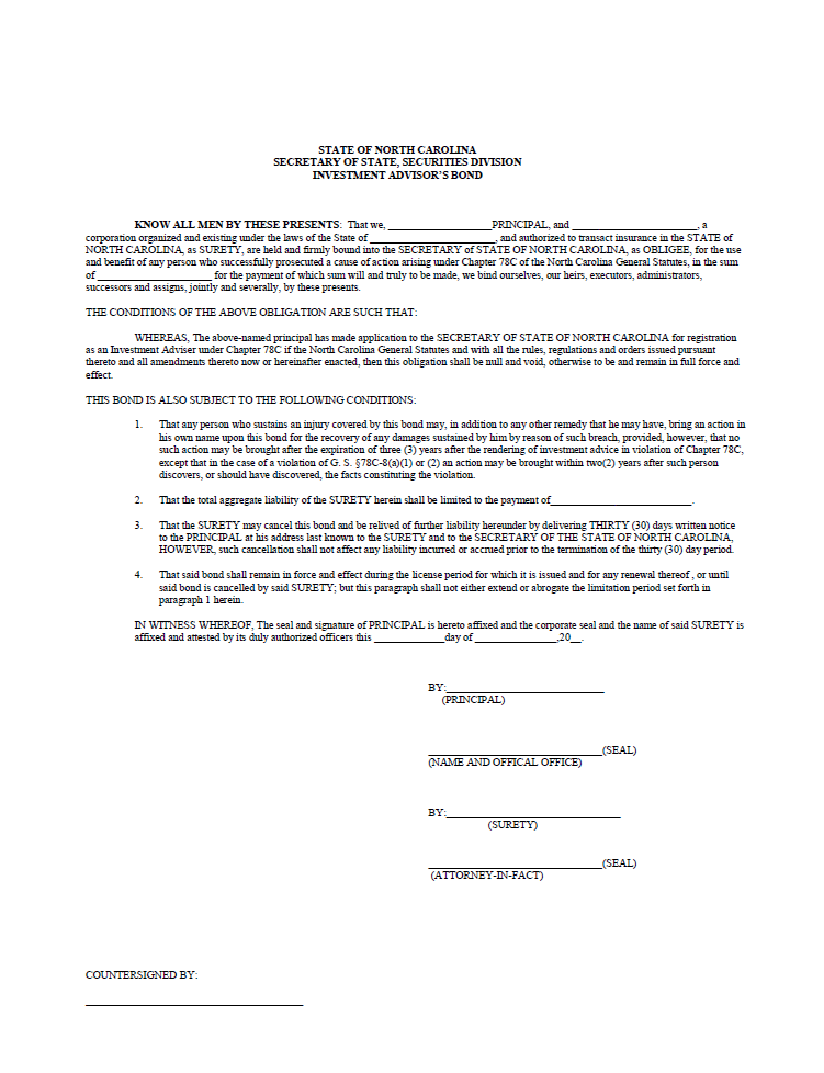 IA- North Carolina Investment Adviser Surety Bond Form