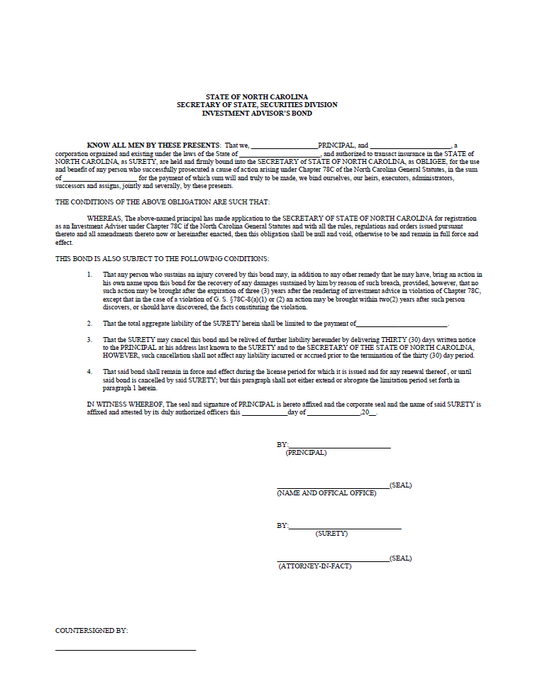 IA- North Carolina Investment Adviser Surety Bond Form