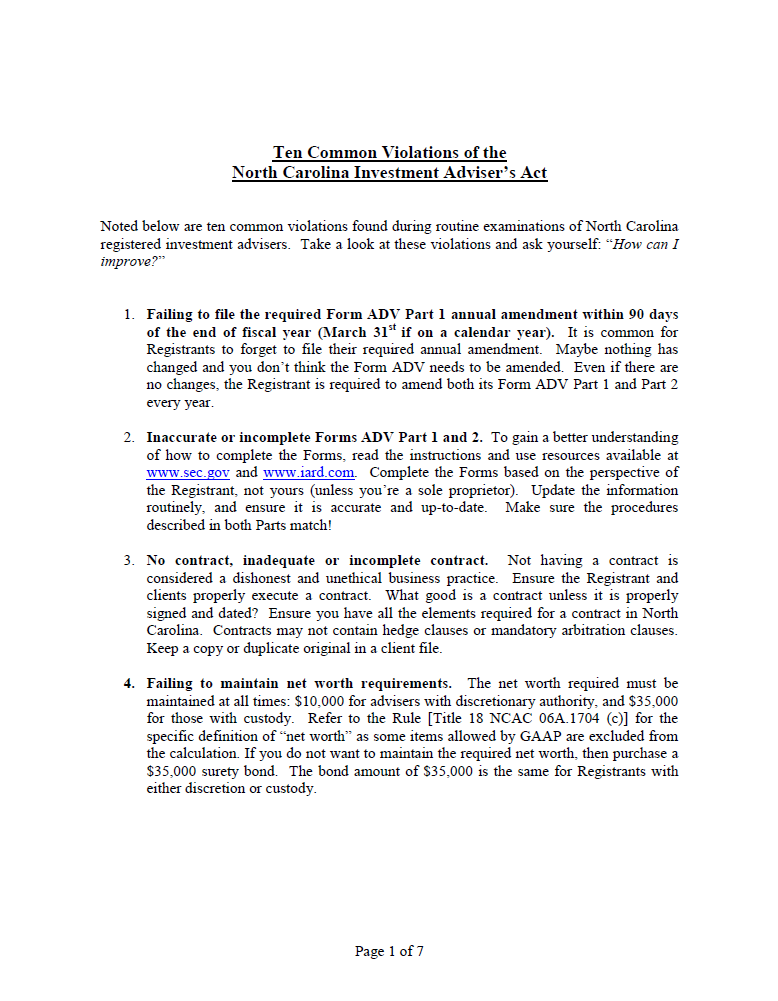 IA- North Carolina Ten Common Violations of the NC Investment Adviser’s Act
