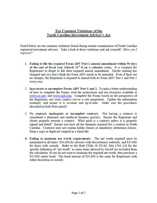 IA- North Carolina Ten Common Violations of the NC Investment Adviser’s Act