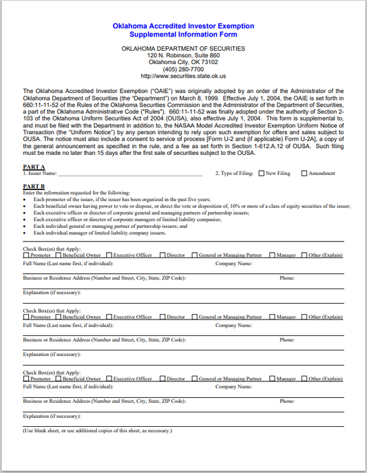 OK- Oklahoma Accredited Investor Exemption Form