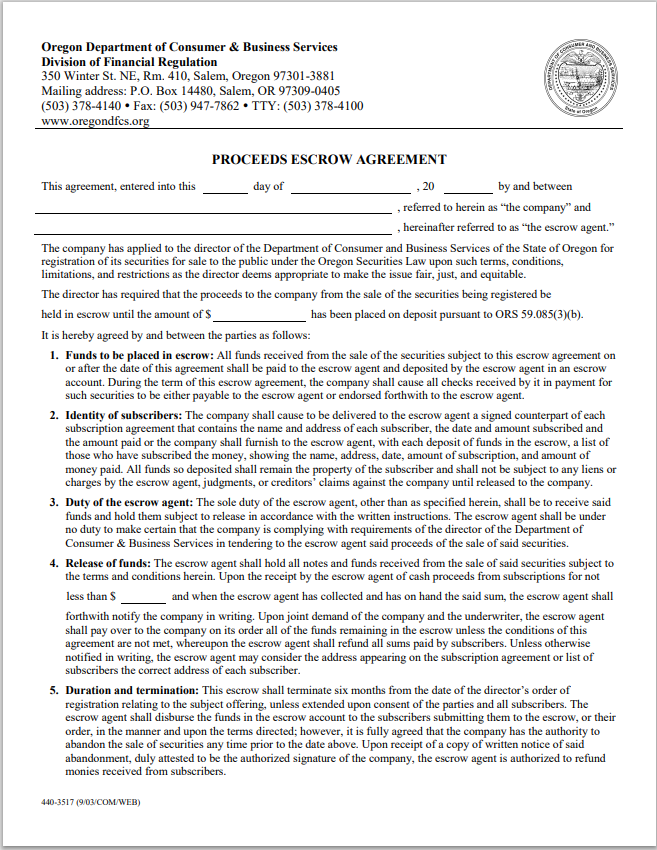 OR- Oregon Sale Proceeds Escrow Agreement Form
