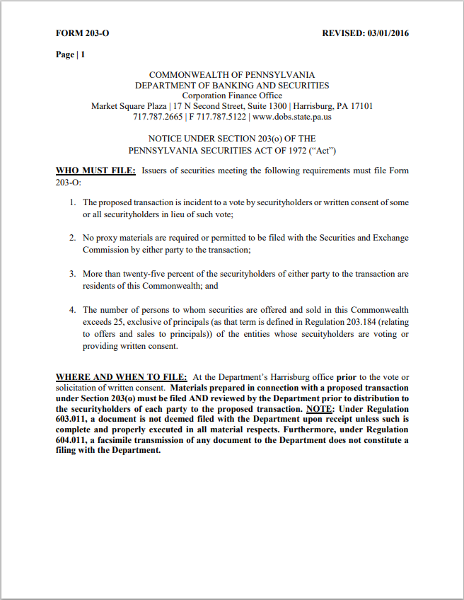 PA- Pennsylvania Securities Proxy Materials Form-203o