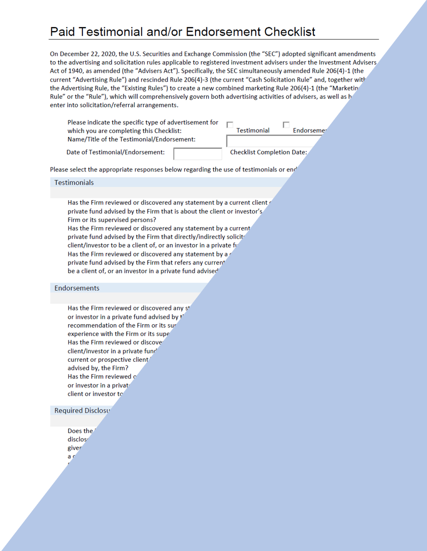 IA- Investment Adviser Paid Testimonial or Endorsement Checklist