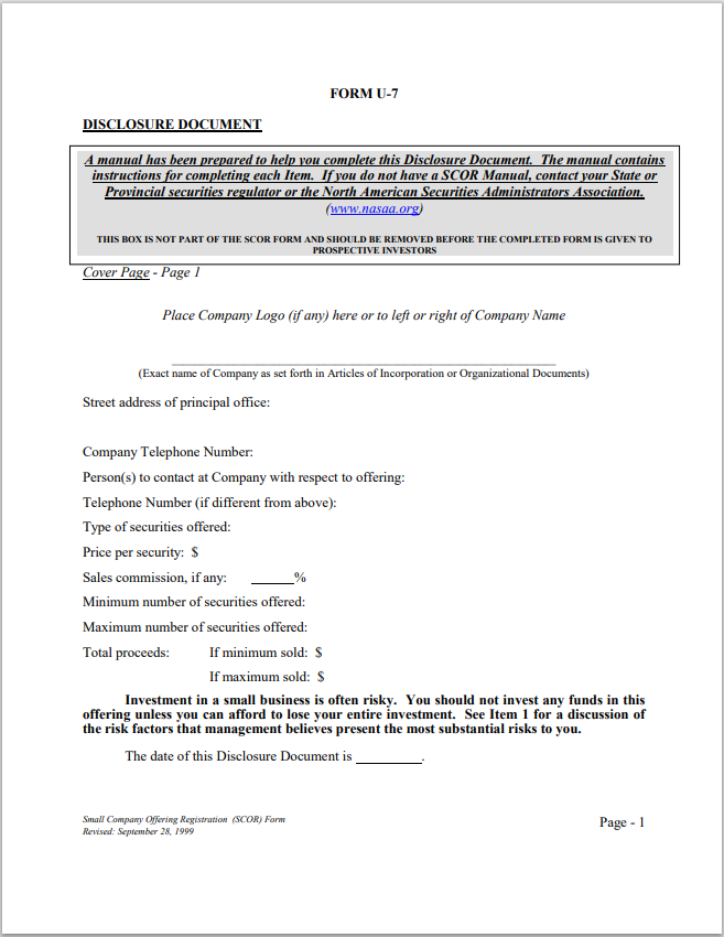 SD- South Dakota Small Company Offering Registration - SCOR Form U-7