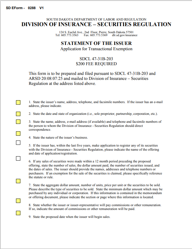 South Dakota Statement of the Issuer Application for Transactional