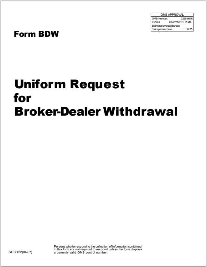 BD- SEC Broker-Dealer Withdrawal Form BDW
