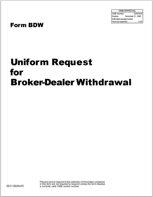 BD- SEC Broker-Dealer Withdrawal Form BDW