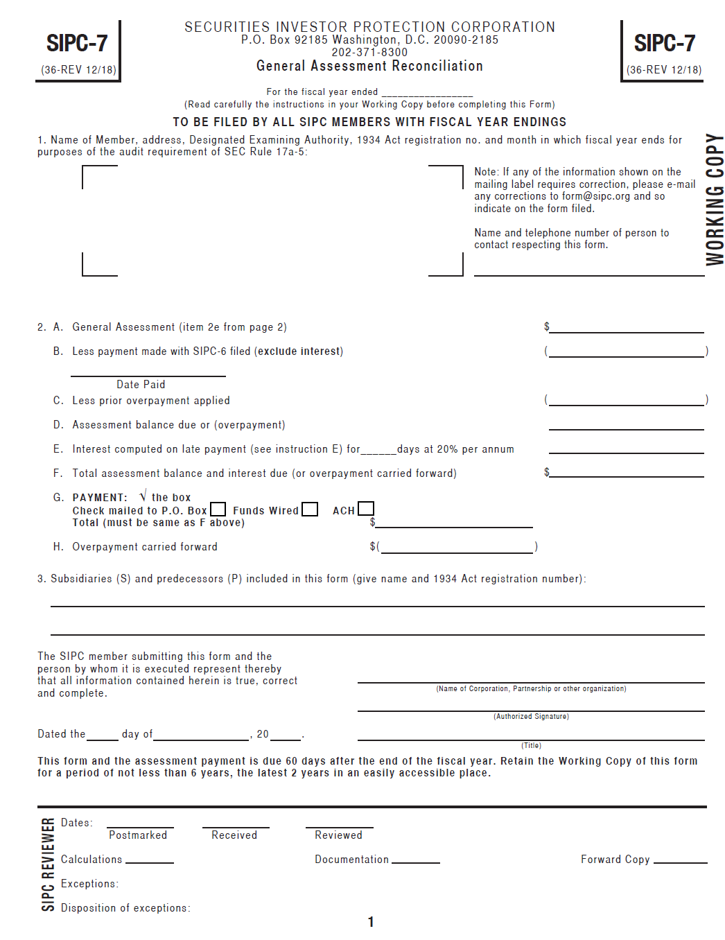 Securities Investor Protection Corp. SIPC-7 General Assessment Reconciliation Form