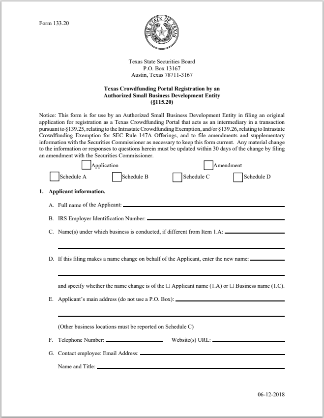 TX- Texas Crowdfunding Portal Reg. by an Auth. Small Bus. Development Entity Form 133.20