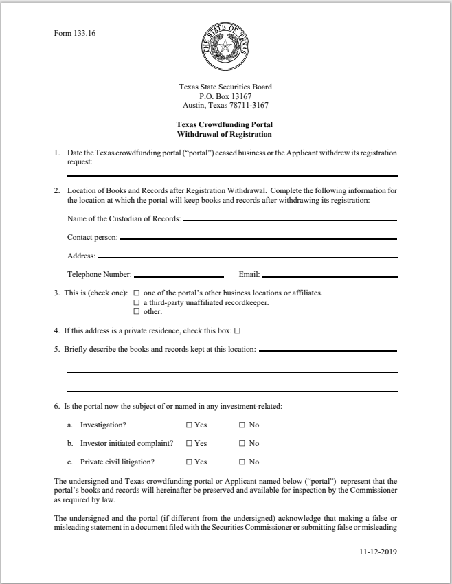 TX- Texas Crowdfunding Portal Withdrawal of Registration Form 133.16