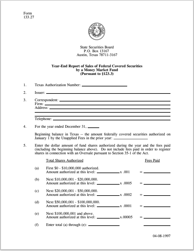 TX- Texas Year-End Report of Sales of Federal Covered Securities by a Money Market Fund Form 133.27