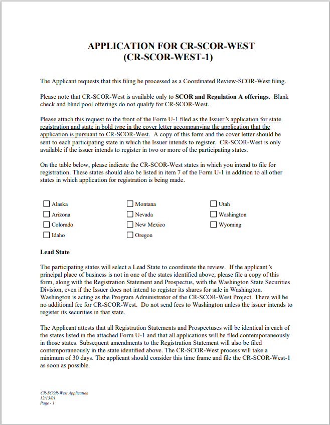 UT- Utah Application for Coordinated Review – SCOR West Filing Form