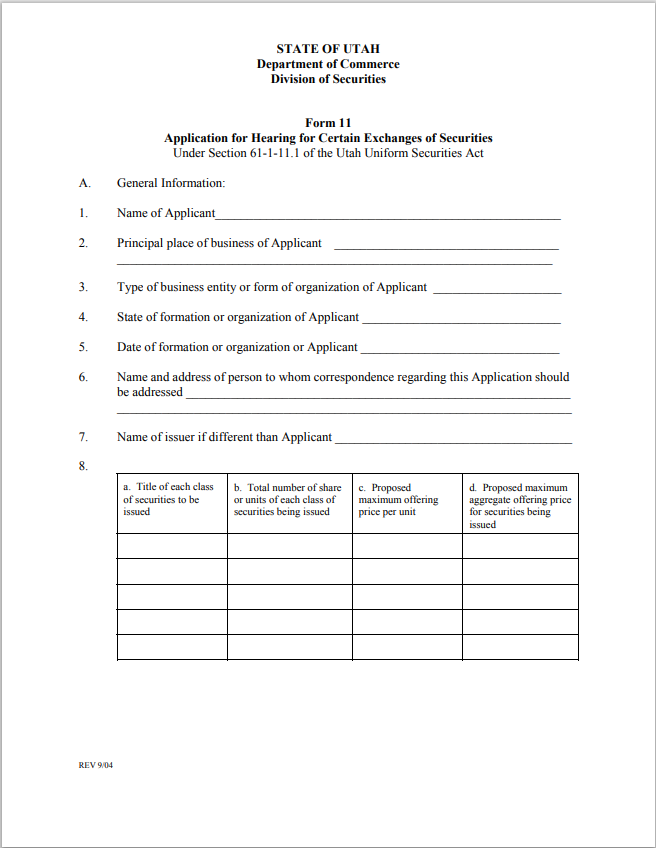 UT- Utah Application for Hearing for Certain Exchanges of Securities Form-11