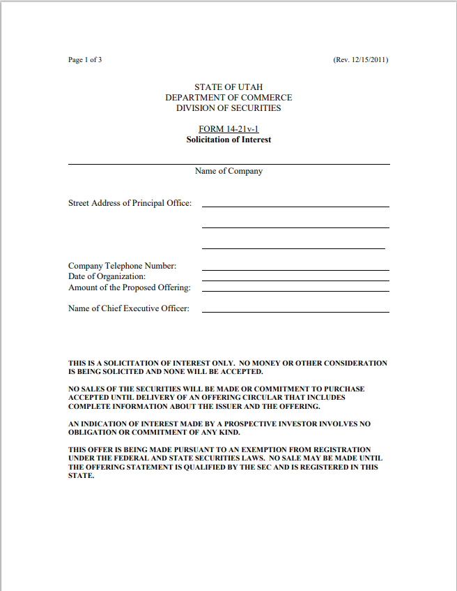 UT- Utah Securities Solicitation of Interest Form 14-21v