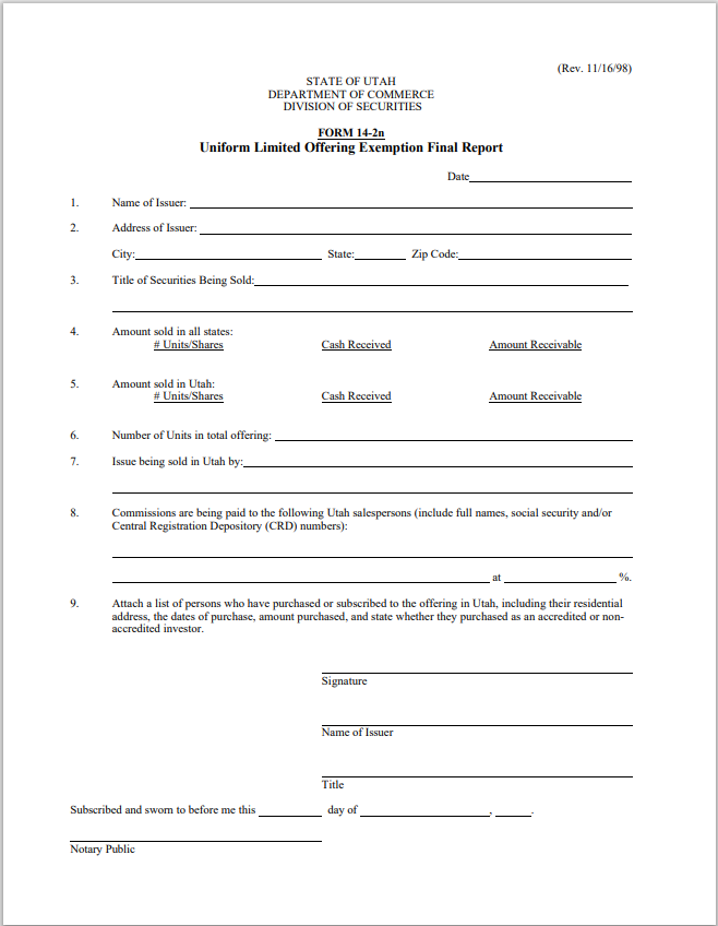 UT- Utah Uniform Limited Offering Exemption – Final Report Form 14-2n