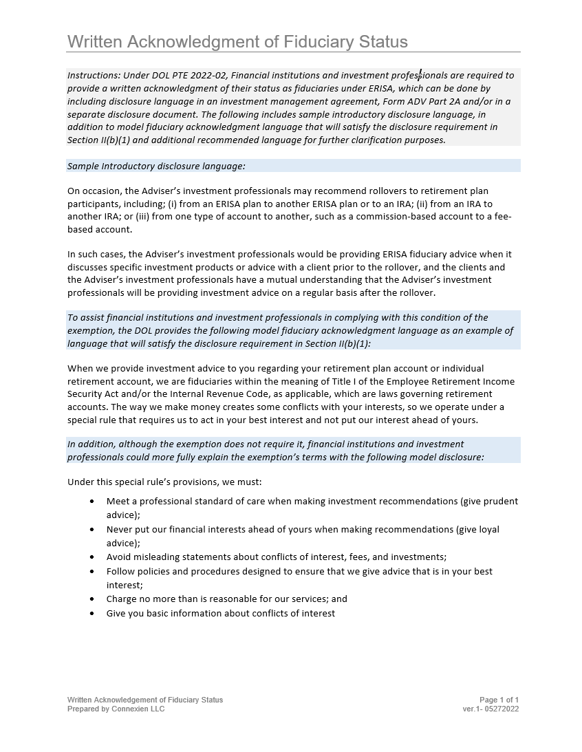 Written Acknowledgement of Fiduciary Status under DOL PTE 2020-02