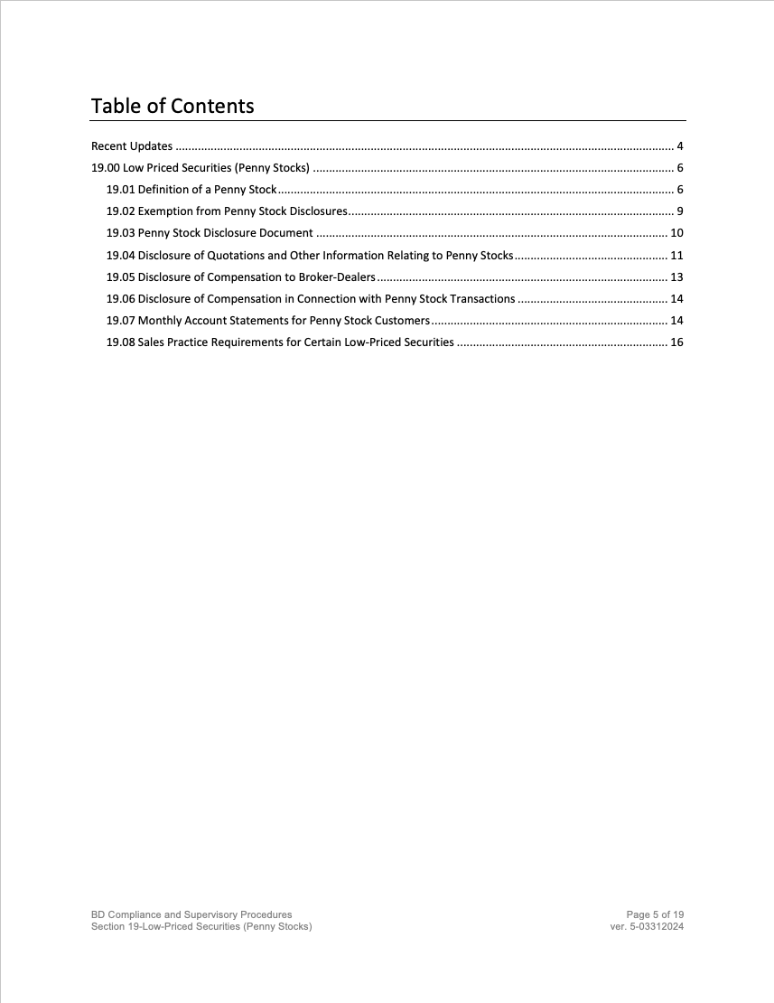 Broker-Dealer Compliance Manual Section 19- Low Priced Securities (Penny Stocks)