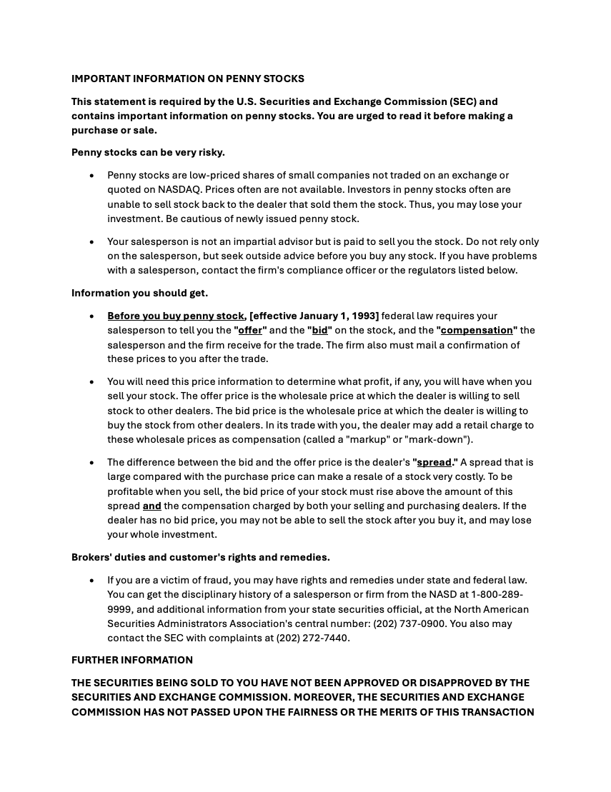 FINRA Sample Penny Stock Risk Disclosure Document