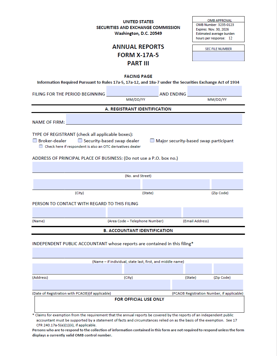 BD- SEC Annual Report Form X-17A-5 Part III Facing Page