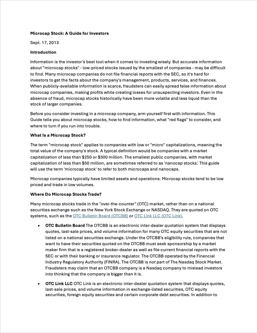 SEC’s Disclosure Statement on Microcap Stock- A Guide for Investors