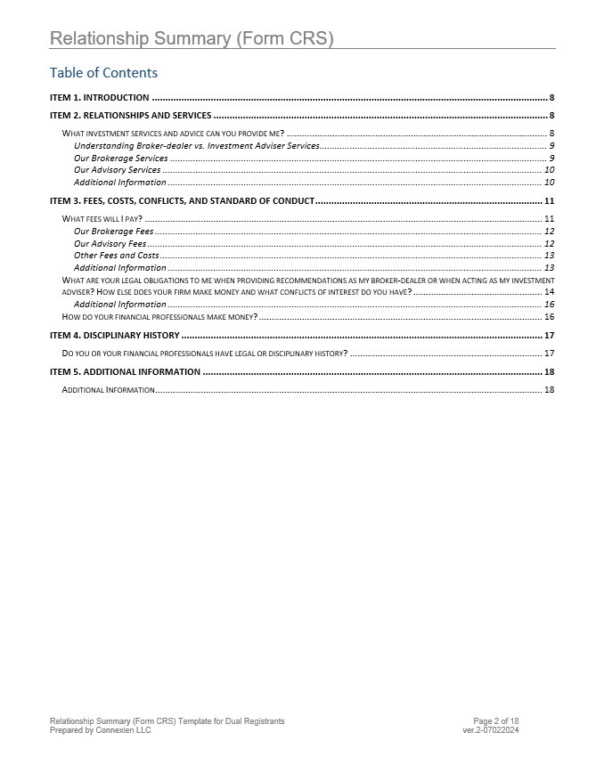 Crs R Form Form CRS Relationship Summary Template for Dual Registrants – Connexien