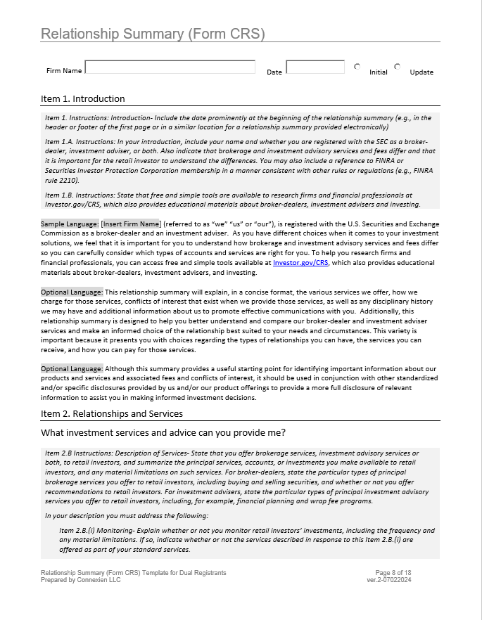 Crs R Form Form CRS Relationship Summary Template for Dual Registrants – Connexien
