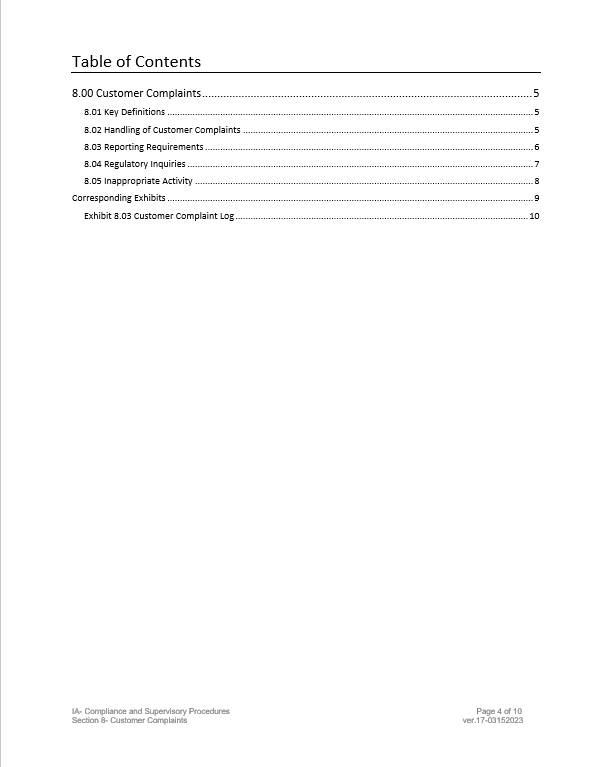 SEC Registered Investment Adviser Compliance Manual- Customer Complaints