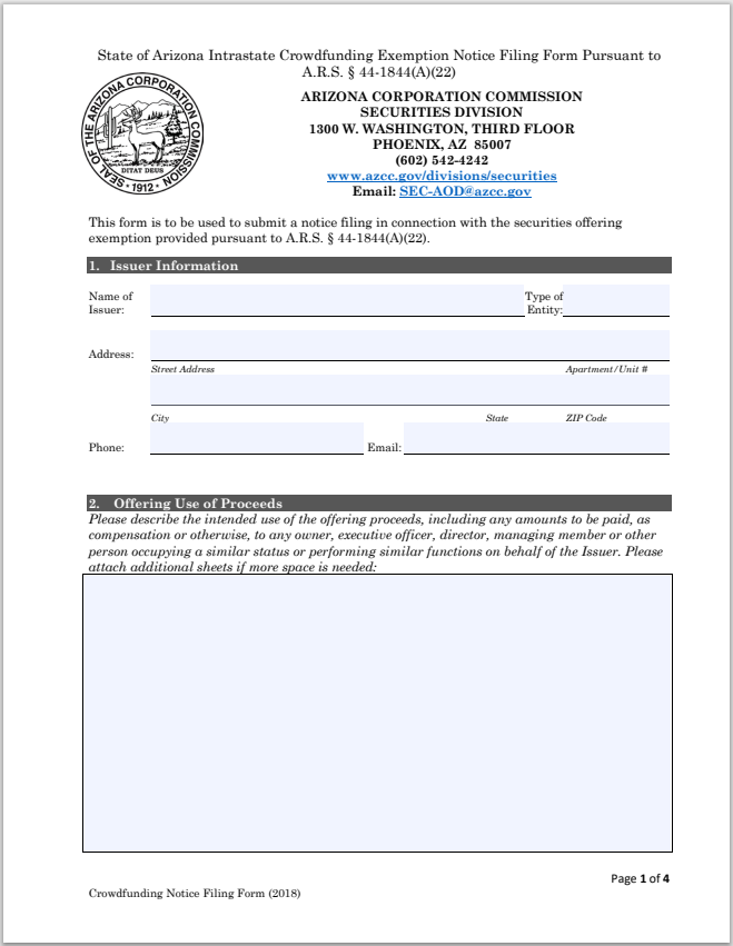 AZ- Arizona Intrastate Crowdfunding Exemption Notice Filing Form