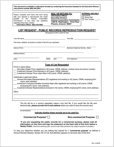 AZ- Arizona List Request - Public Records Reproduction Request Form