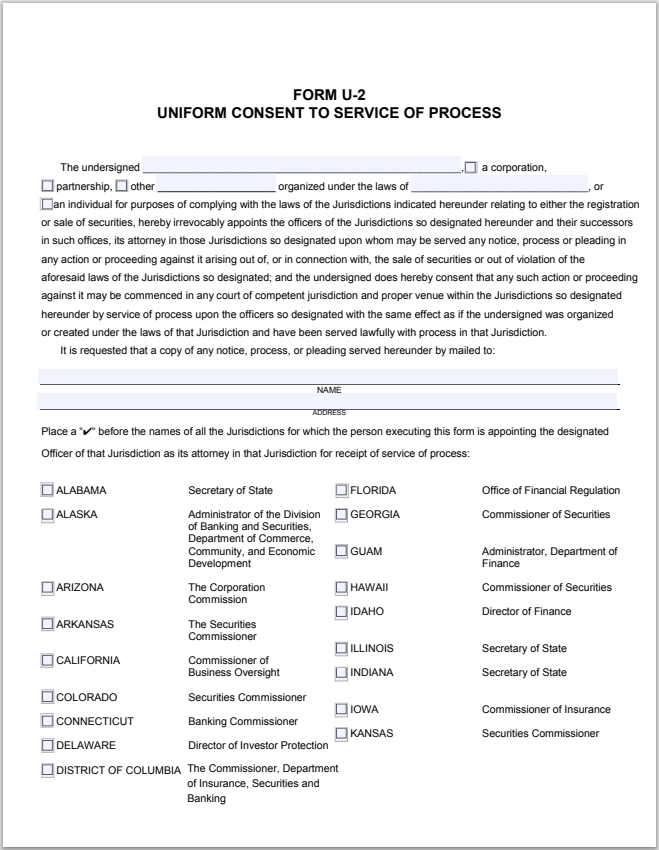 AZ- Arizona Uniform Consent to Service of Process Form U-2