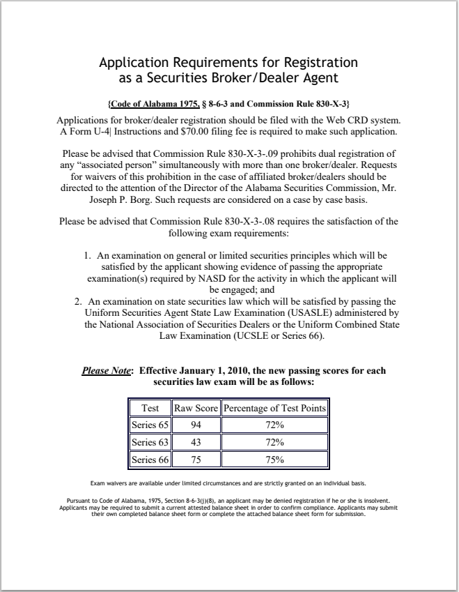 BD- Alabama Broker-Dealer Agent Registration Requirements