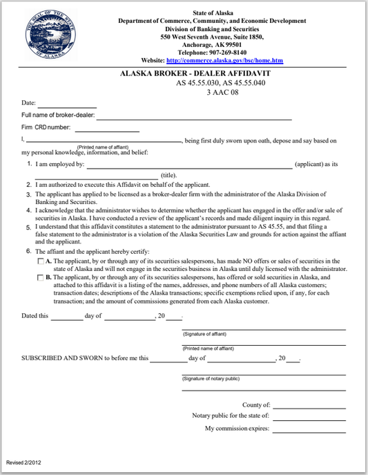 BD-Alaska Broker-Dealer Affidavit Form