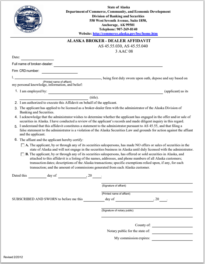 BD-Alaska Broker-Dealer Affidavit Form