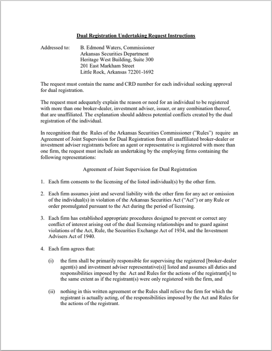 BD- Arkansas Broker-Dealer Dual Registration and Joint Supervision Requirements