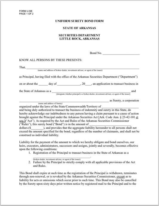 BD- Arkansas Broker-Dealer Surety Bond Form U-SB and Continuation Certificate