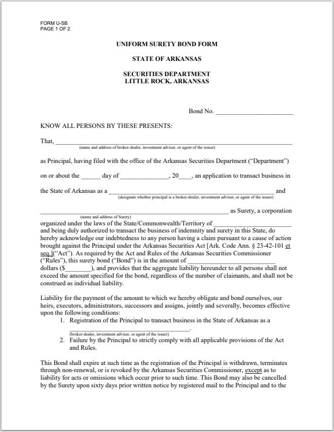 BD- Arkansas Broker-Dealer Surety Bond Form U-SB and Continuation Certificate