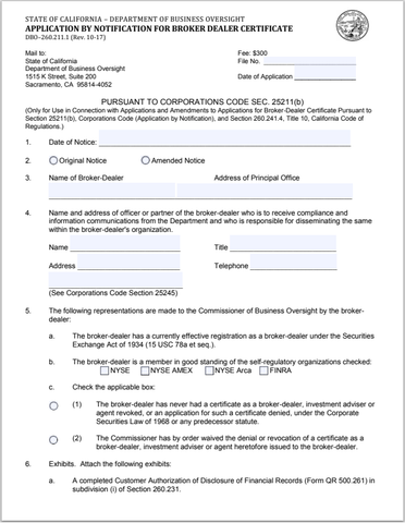 BD- California Application by Notification for Broker-Dealer Certificate Form