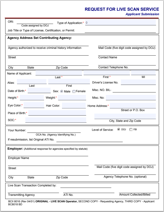 BD- California Request for Live Scan Service Form