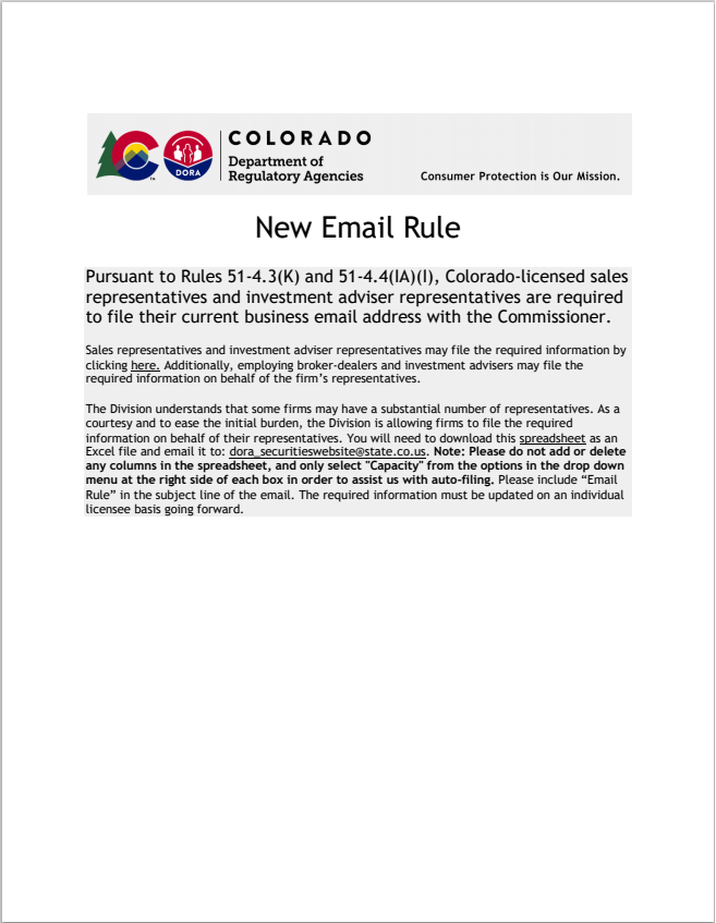 BD- Colorado Broker-Dealer Agent Email Registration Rule