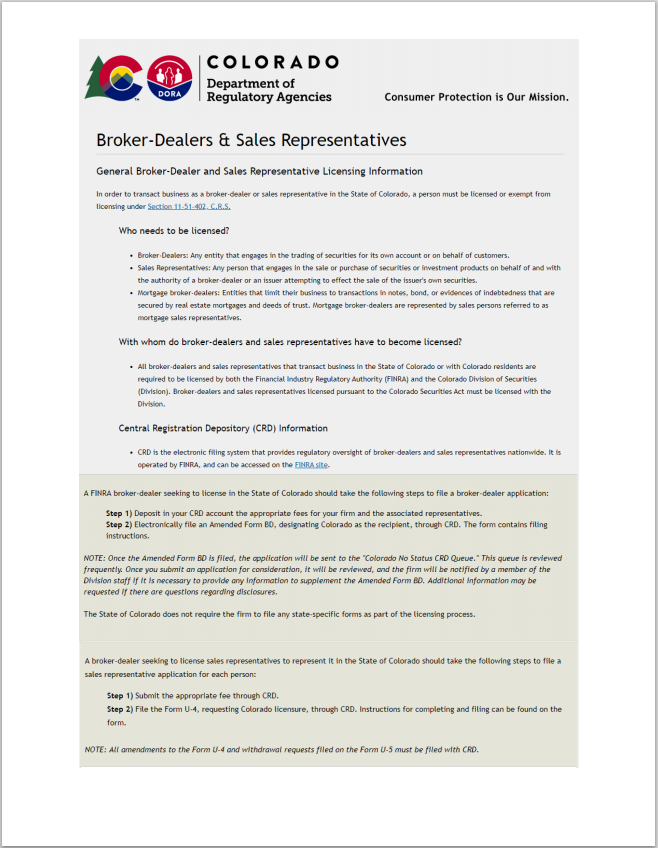BD- Colorado FINRA Broker-Dealer and Broker-Dealer Agent Registration Requirements