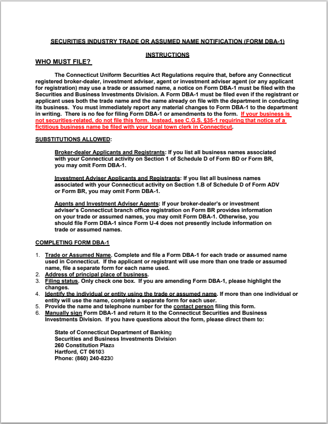 BD- Connecticut B-D Securities Industry Trade or Assumed Name Notification Form DBA-1