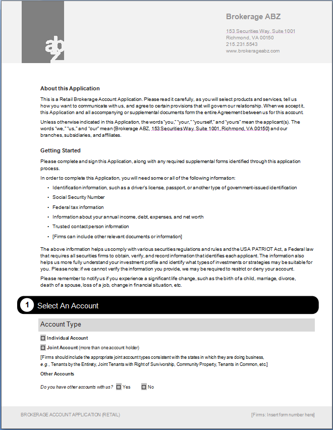 BD- FINRA Broker-Dealer New Account Application Template Long Form