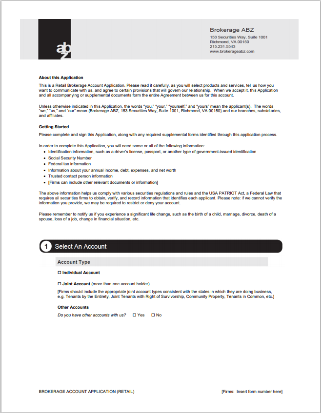 BD- FINRA New Account Application Template Short Form