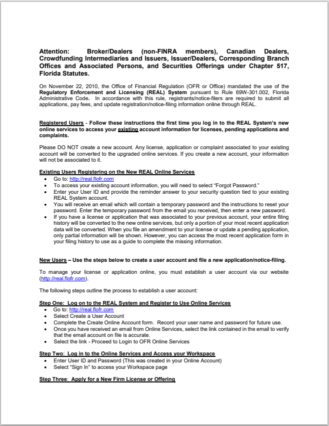 BD- Florida Regulatory Enforcement and Licensing (REAL) System Instructions